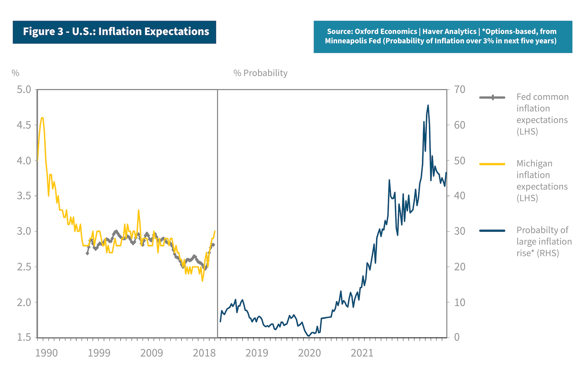 Graph shows inflation expectations for the U.S. with a high probability for extended inflation over the next few years.